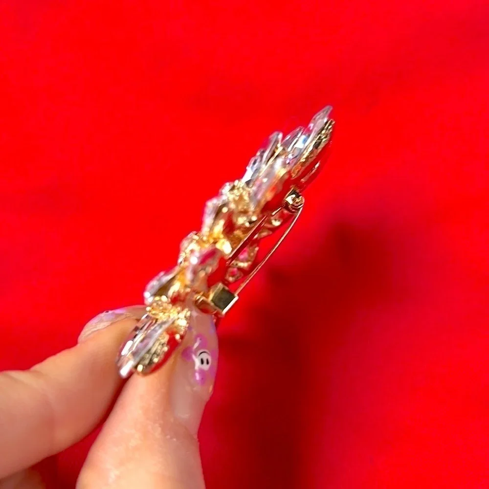 Rhinestone Glass w/ Gold Tone Floral Bouquet Starburst Brooch Pin Large 2.75
